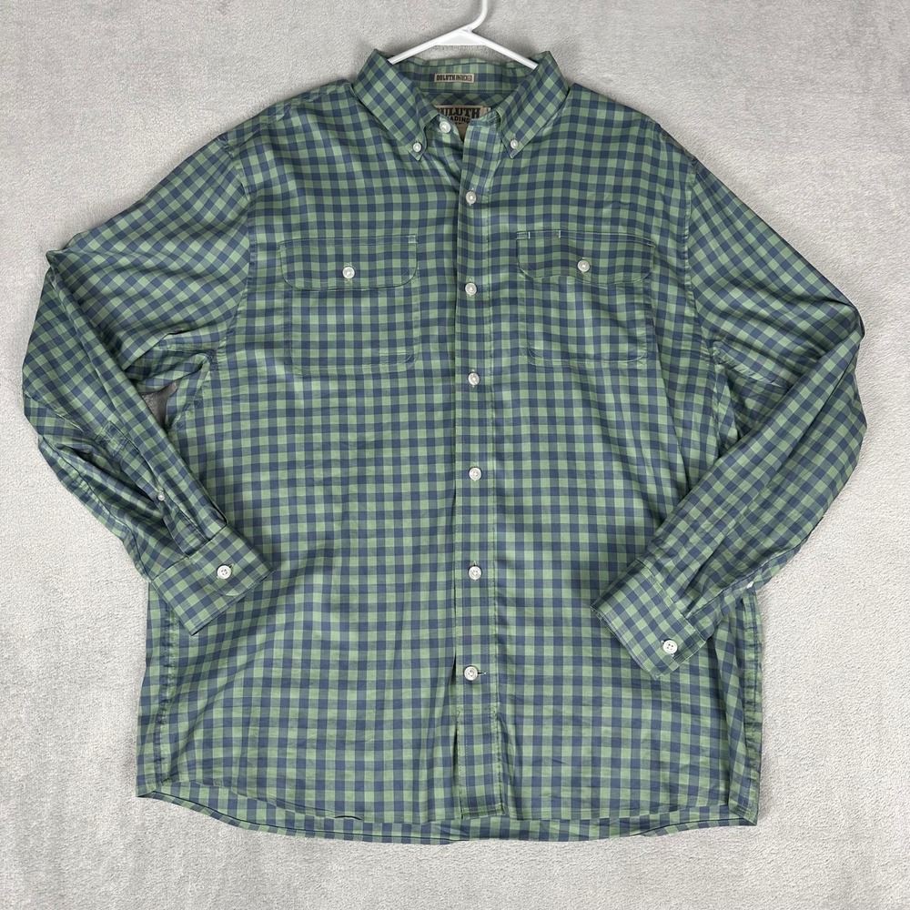 Duluth Trading Co Shirt Mens L Green Gingham Untucked Standard Fit Button Down